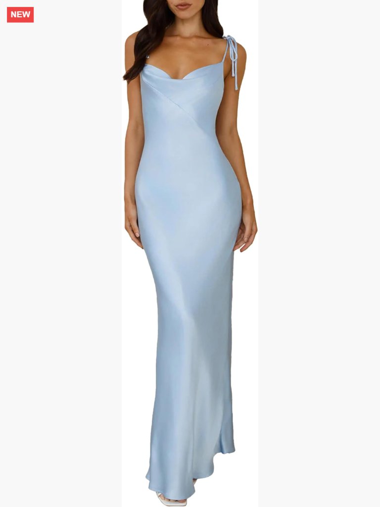 Satin Cowl Neck Spaghetti Strap Maxi Dress Formal Slit Wedding Guest